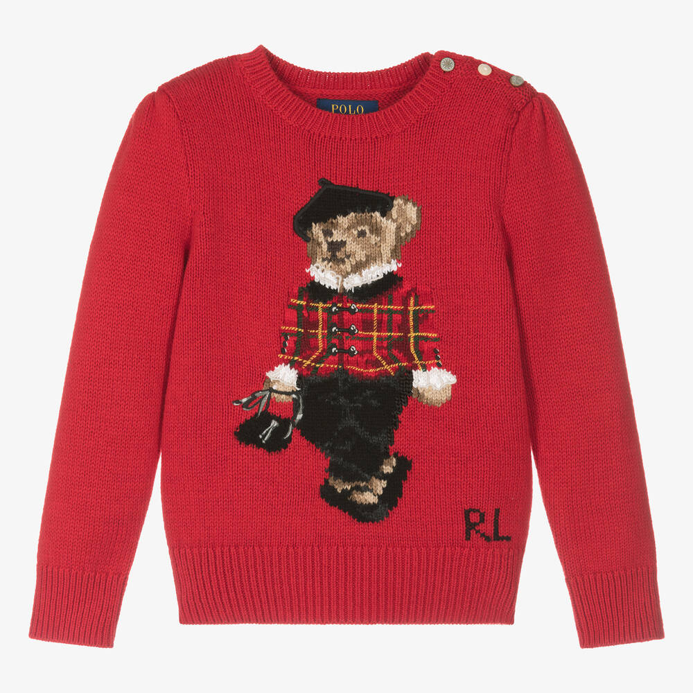 Ralph Lauren - Girls Red Knit Polo Bear Sweater | Childrensalon
