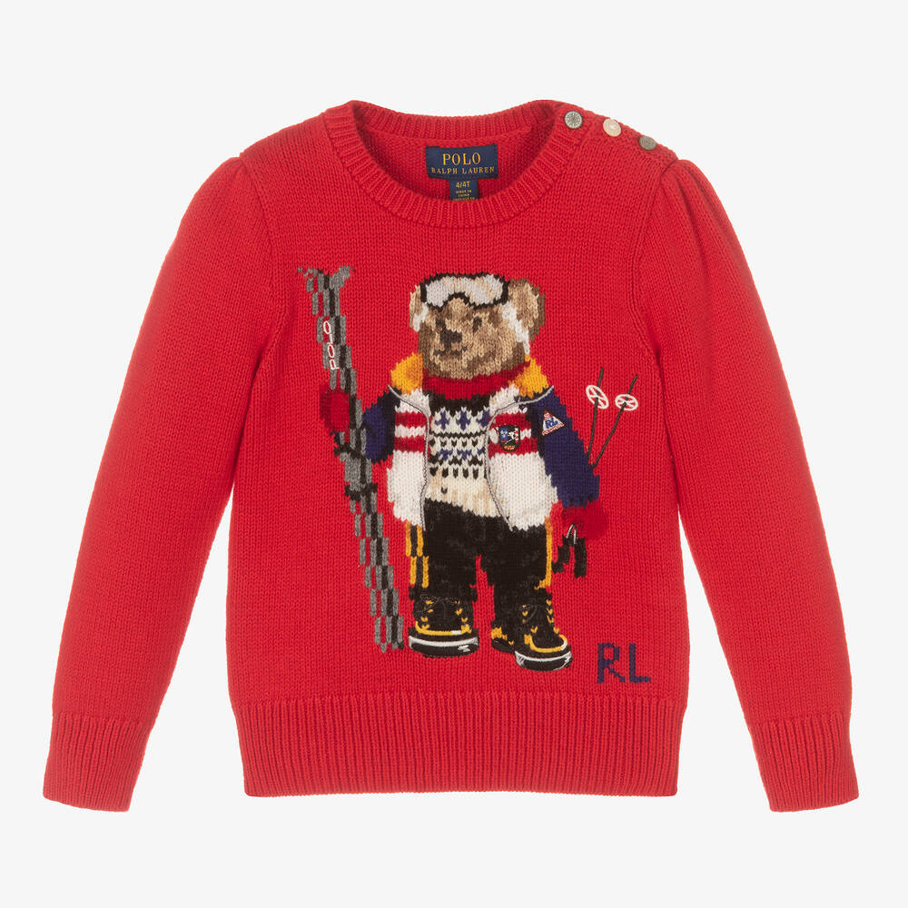 Polo Ralph Lauren - Girls Red Knitted Bear Sweater | Childrensalon