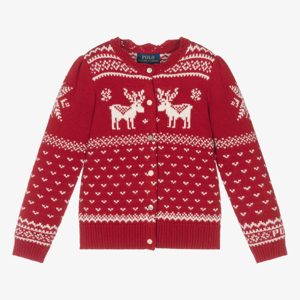 Ralph Lauren - Girls Red Knitted Fair Isle Cardigan | Childrensalon