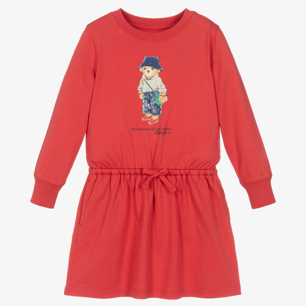 Ralph Lauren - Girls Red Polo Bear Cotton Jersey Dress | Childrensalon