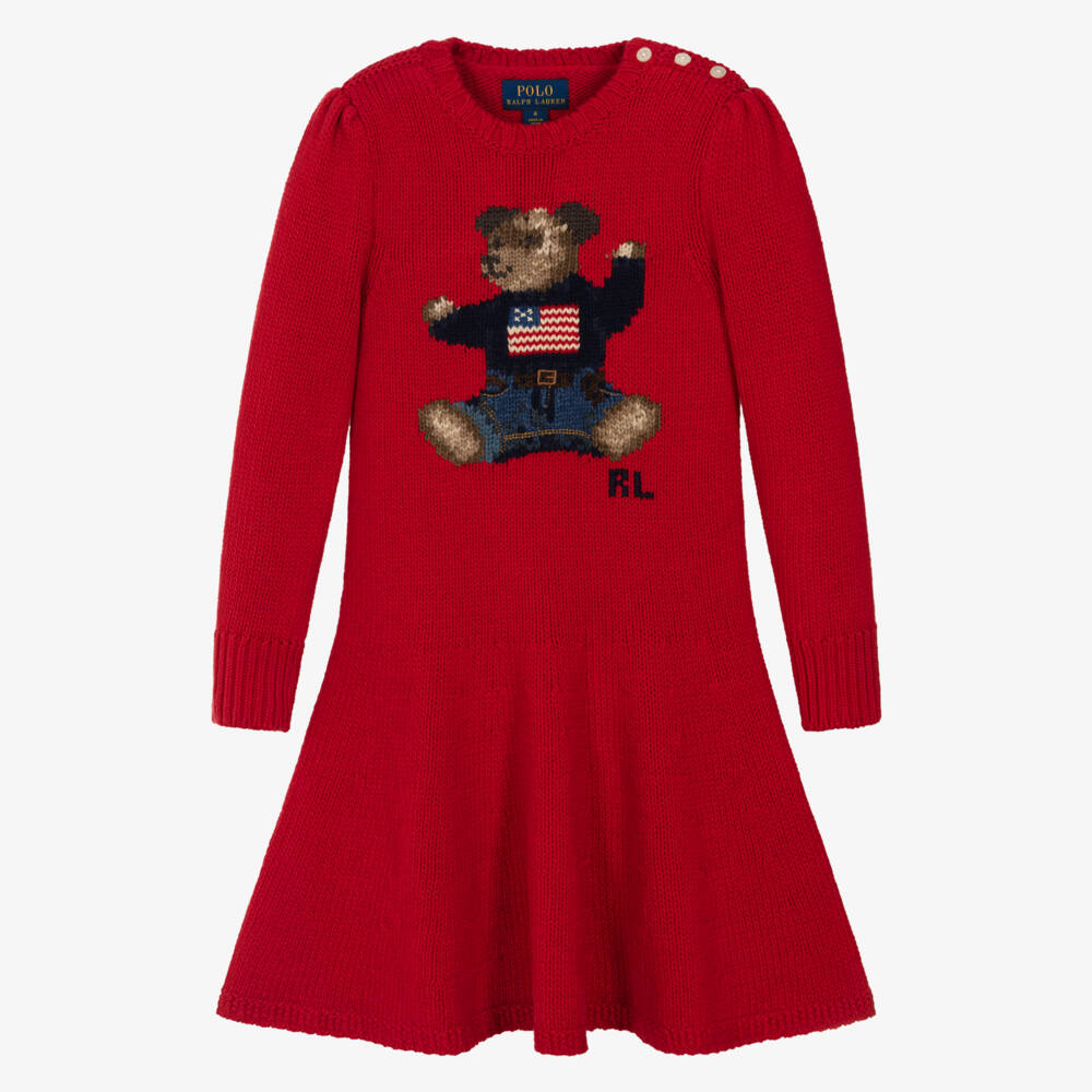 Ralph Lauren-Girls Red Polo Bear Cotton Knit Jumper Dress | Childrensalon Outlet