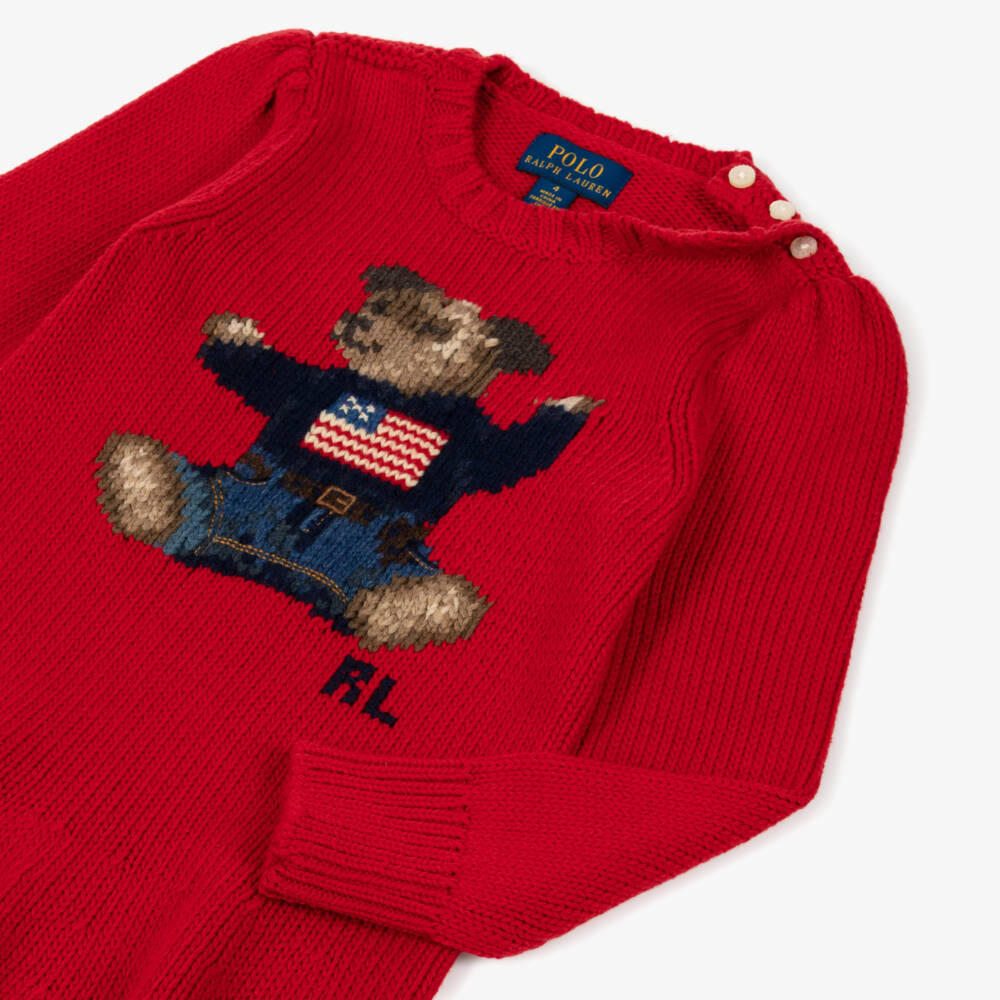 Ralph Lauren-Girls Red Polo Bear Cotton Knit Jumper Dress | Childrensalon Outlet