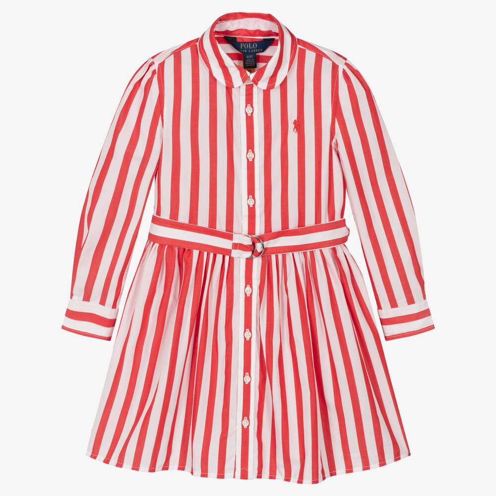 Polo Ralph Lauren - Robe rouge rayée popeline de coton | Childrensalon