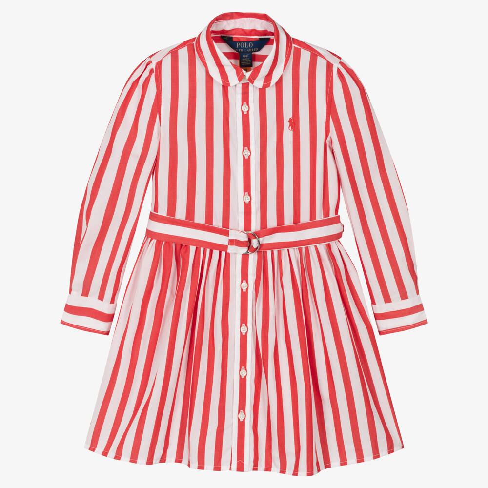 Polo Ralph Lauren - Rotes Baumwollpopelin-Streifenkleid | Childrensalon