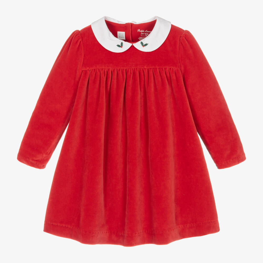 Ralph Lauren-Girls Red Velour Dress with Collar | Childrensalon Outlet