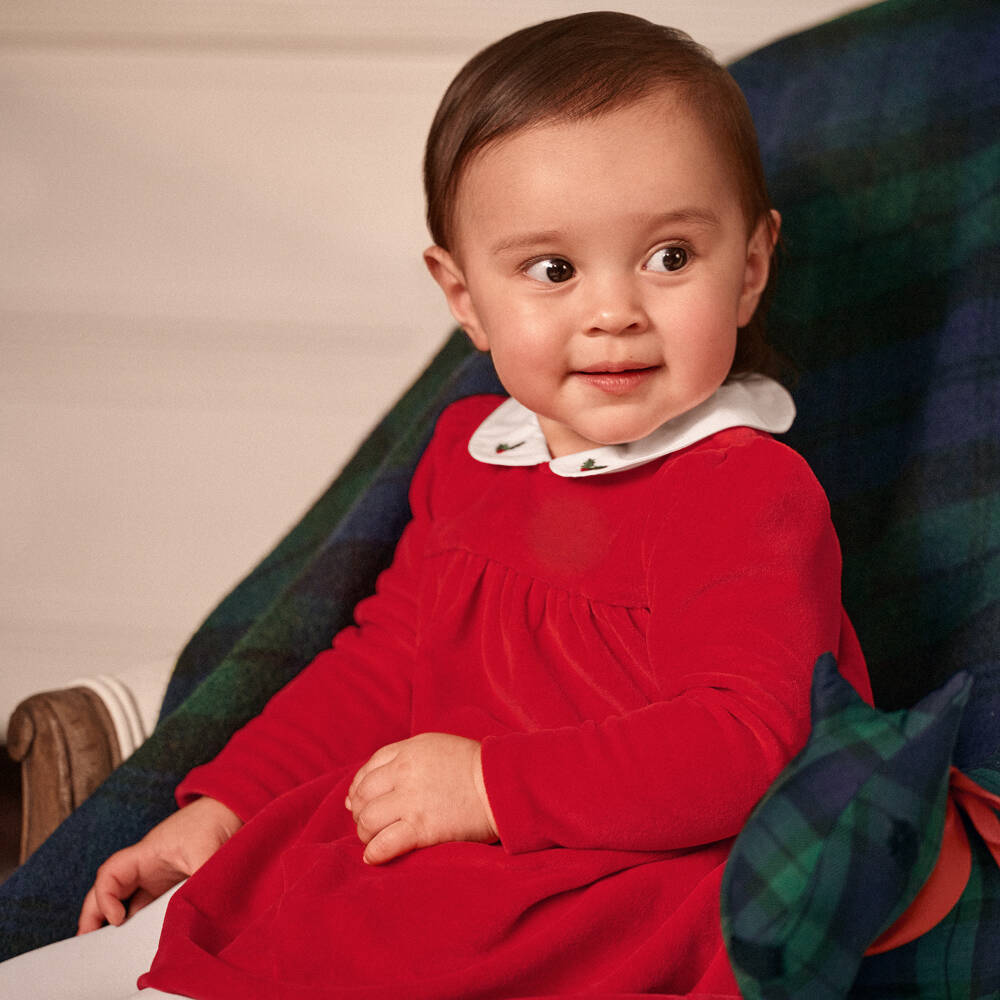 Ralph Lauren-فستان قطيفة لون أحمر للمولودات | Childrensalon Outlet