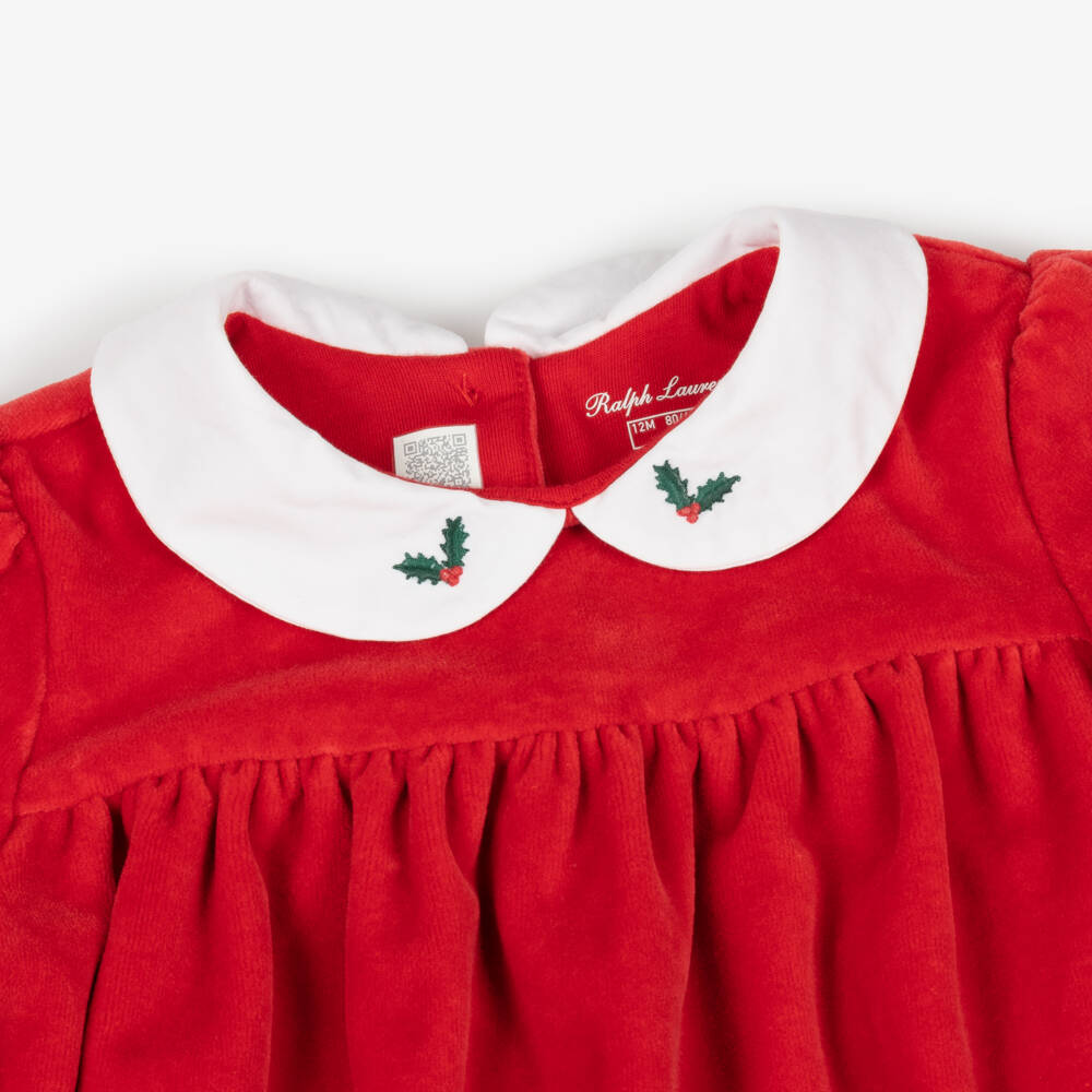 Ralph Lauren-فستان قطيفة لون أحمر للمولودات | Childrensalon Outlet