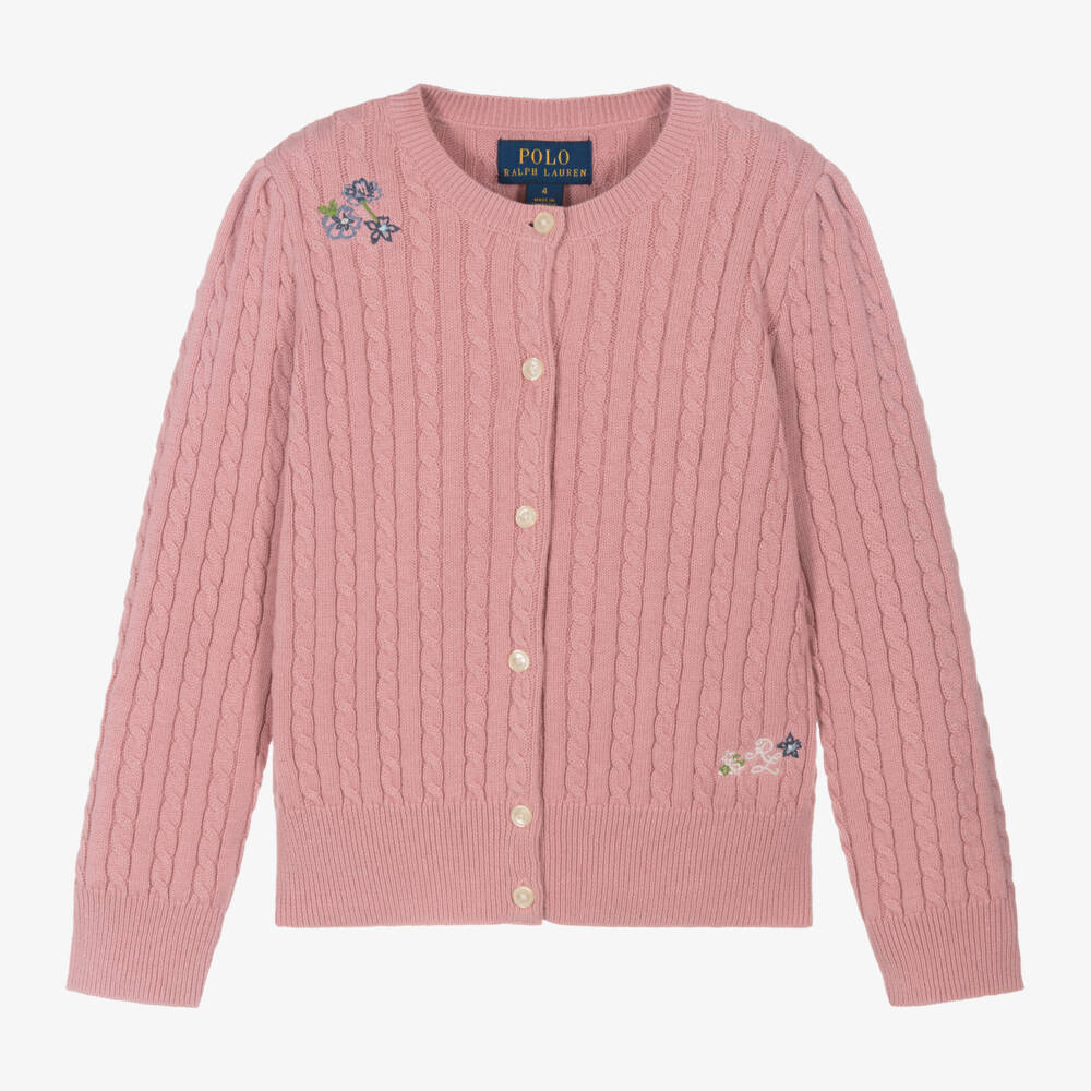 Ralph Lauren-كارديغان قطن محبوك لون زهري  | Childrensalon Outlet