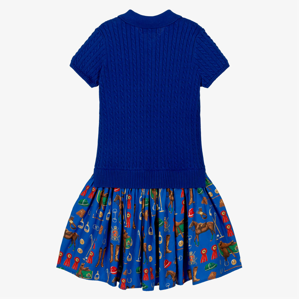Ralph Lauren-Girls Royal Blue Polo Style Dress with Equestrian Print | Childrensalon Outlet