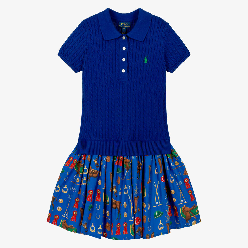 Ralph Lauren-Girls Royal Blue Polo Style Dress with Equestrian Print | Childrensalon Outlet