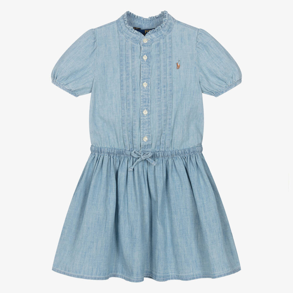 Ralph Lauren-فستان شامبراي أزرق للبنات بياقة مكشكشة | Childrensalon Outlet
