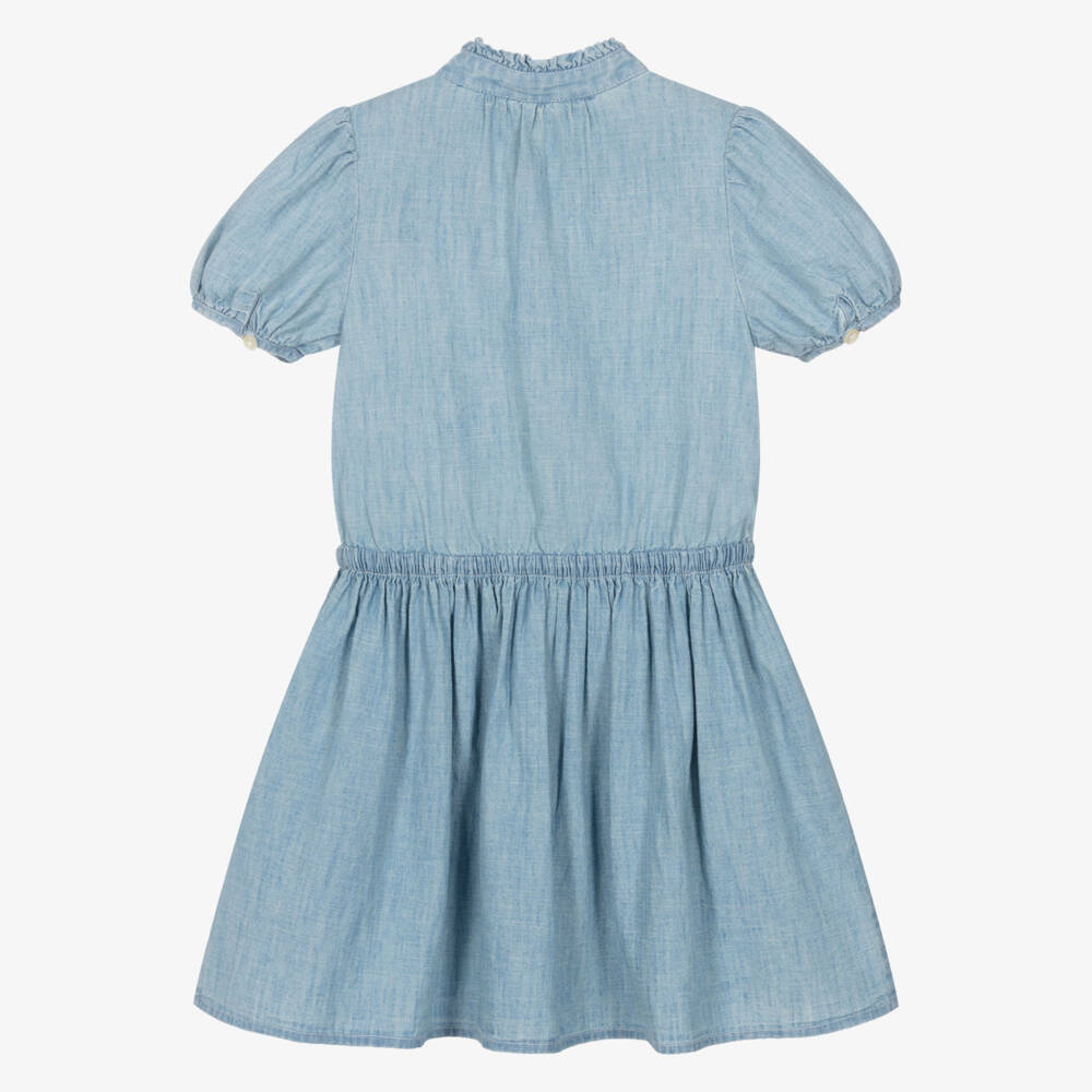 Ralph Lauren-فستان شامبراي أزرق للبنات بياقة مكشكشة | Childrensalon Outlet