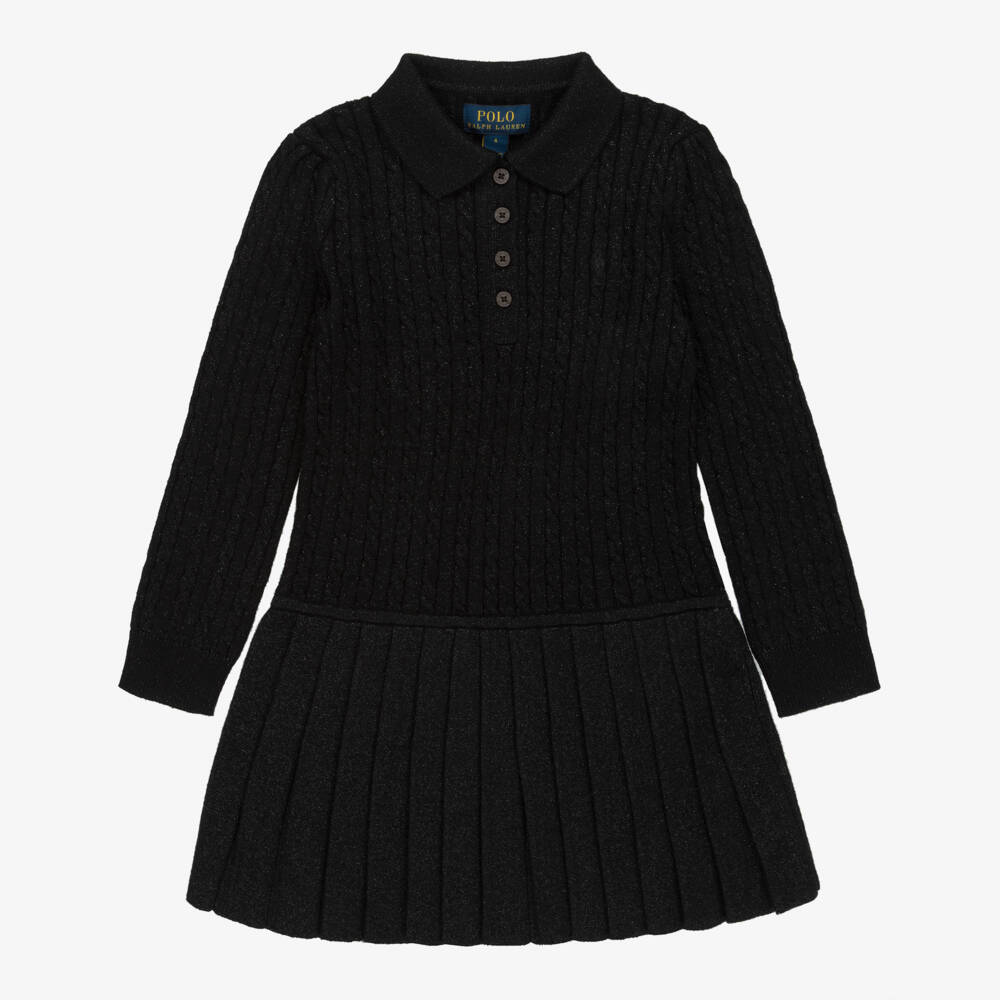 Ralph Lauren-Girls Shimmery Black Cable Knit Cotton Dress | Childrensalon Outlet