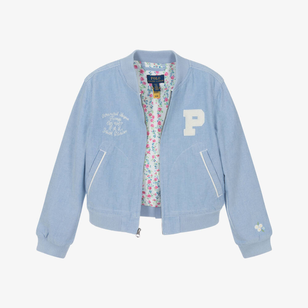 Ralph Lauren-Girls Sky Blue Cotton Letterman Jacket | Childrensalon Outlet