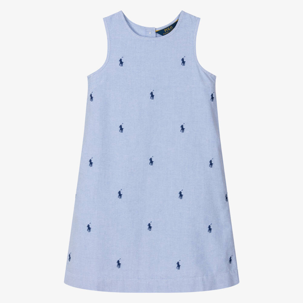 Ralph Lauren-فستان قطني أزرق للبنات بتطريز حصان | Childrensalon Outlet