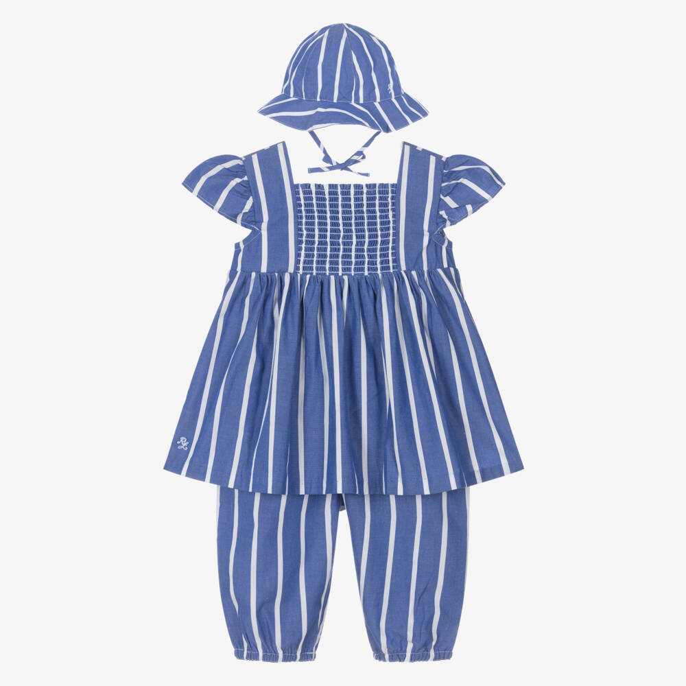 Ralph Lauren-Girls Striped Blue Cotton Ensemble | Childrensalon Outlet