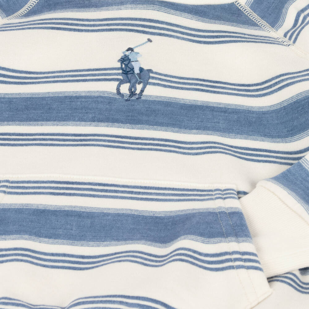 رالف لورين-توب هودي مزيج قطن مقلم لون أزرق وأبيض للبنات | Childrensalon Outlet