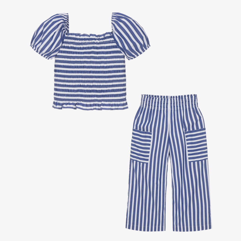 Ralph Lauren-Girls Striped Cotton Blue Ensemble | Childrensalon Outlet