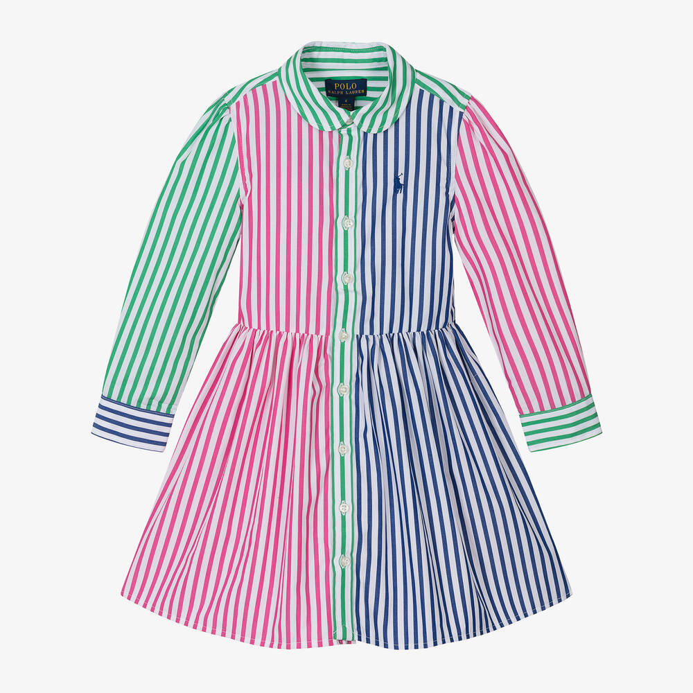 Ralph Lauren-فستان قميص قطن بوبلين مقلّم لون زهري | Childrensalon Outlet