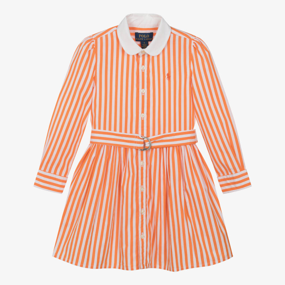 Ralph Lauren-فستان بوبلين مخطط بلون اليوسفي للبنات | Childrensalon Outlet