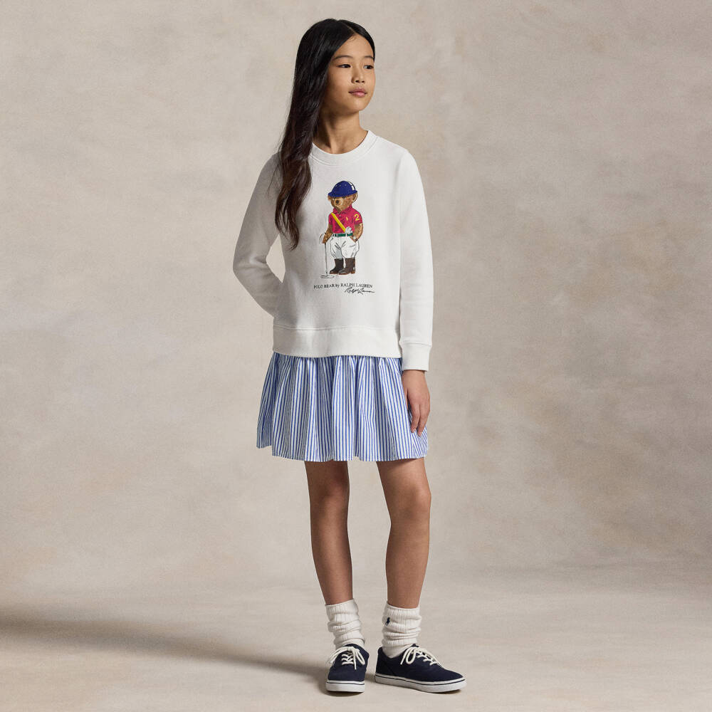 Ralph Lauren-Girls White & Blue Striped Dress with Polo Bear Logo | Childrensalon Outlet