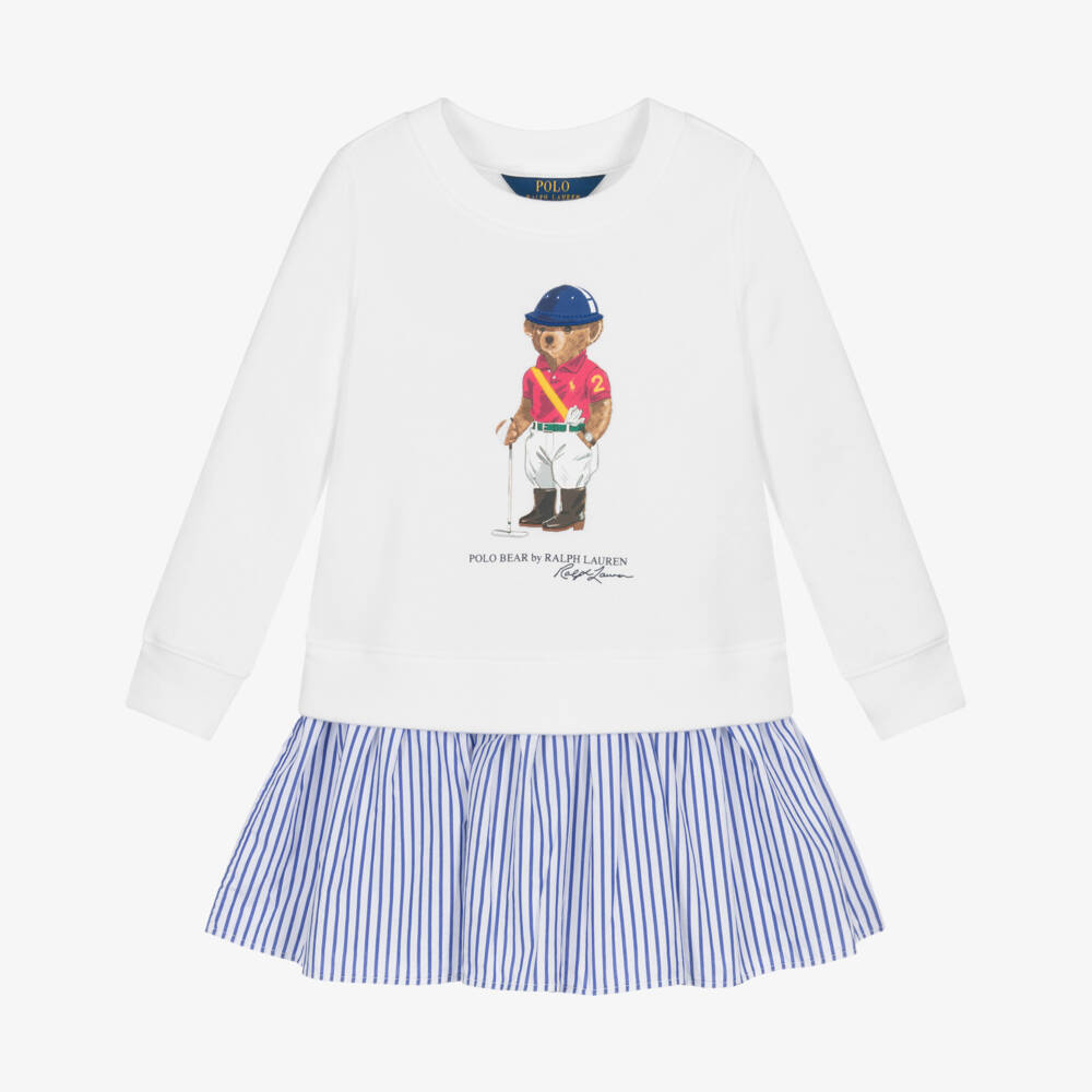 Ralph Lauren-Girls White & Blue Striped Dress with Polo Bear Logo | Childrensalon Outlet