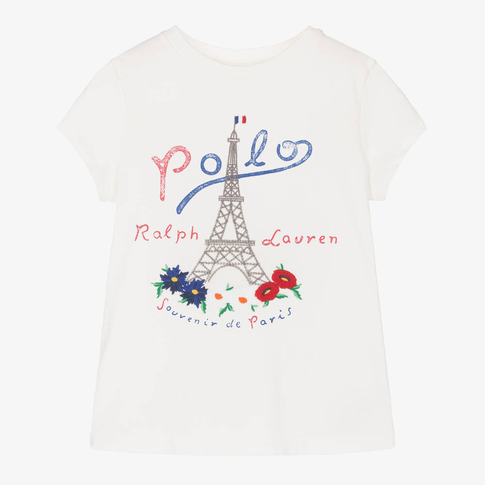 Ralph Lauren-Girls White Cotton Eiffel Tower T-Shirt | Childrensalon Outlet
