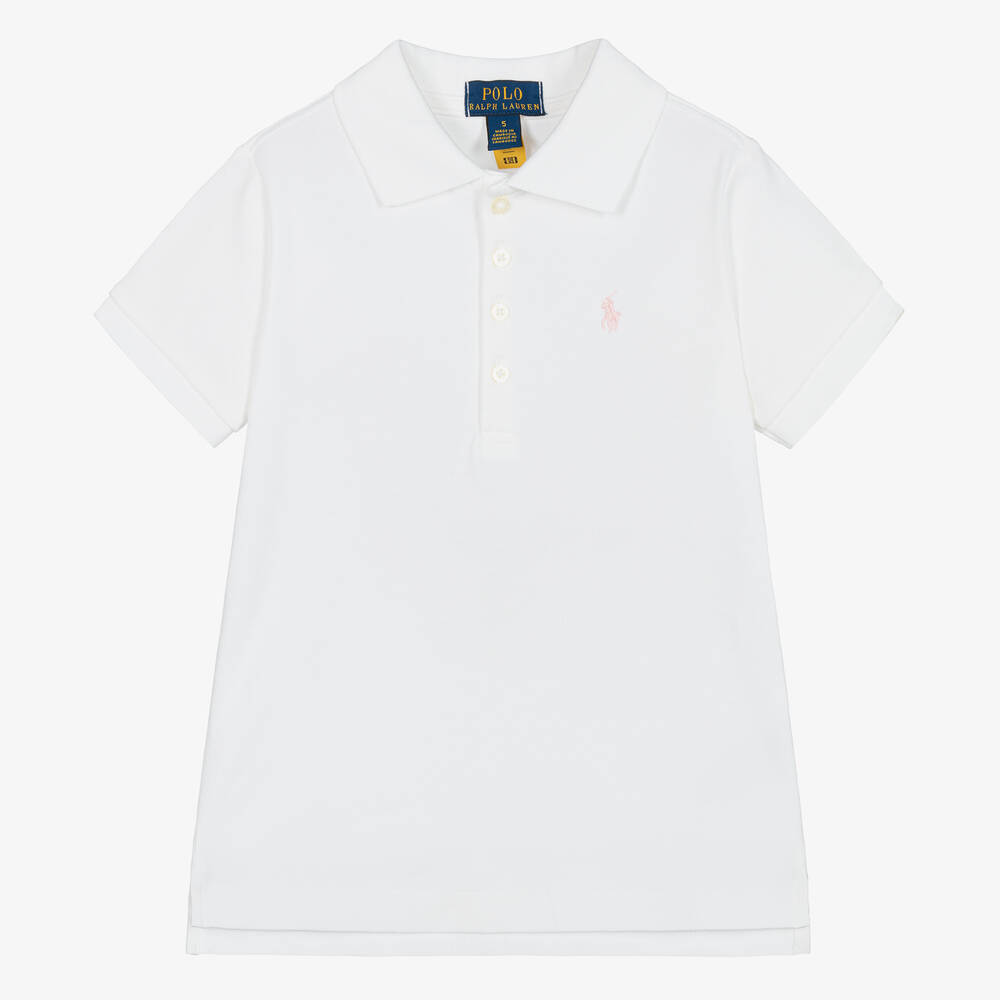 Ralph Lauren - Girls White Cotton Piqué Polo Shirt | Childrensalon