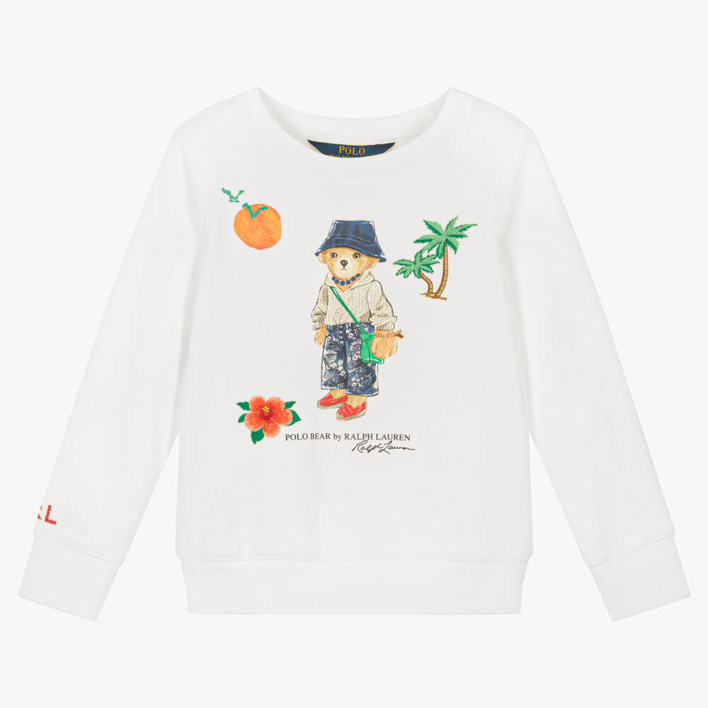 Ralph Lauren - Girls White Cotton Polo Bear Sweatshirt | Childrensalon