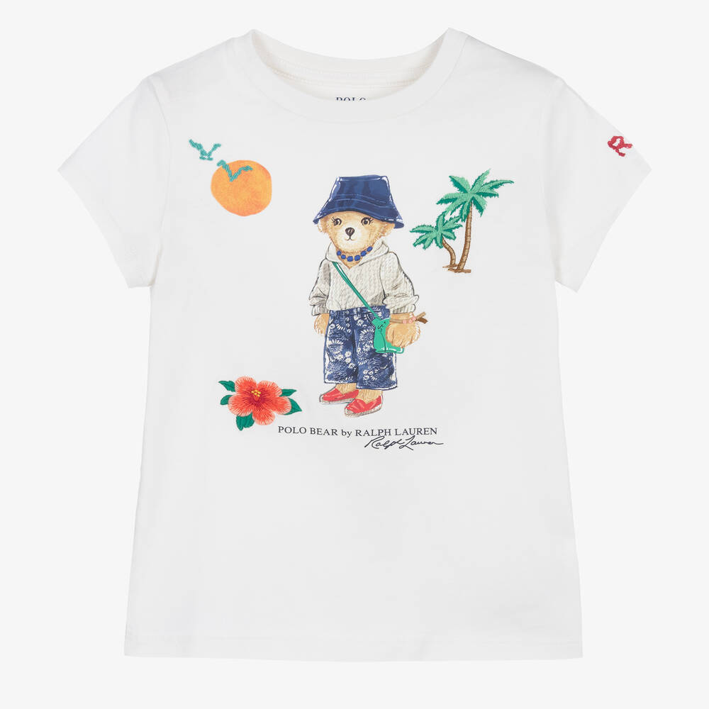 Ralph Lauren - Girls White Cotton Polo Bear T-Shirt | Childrensalon