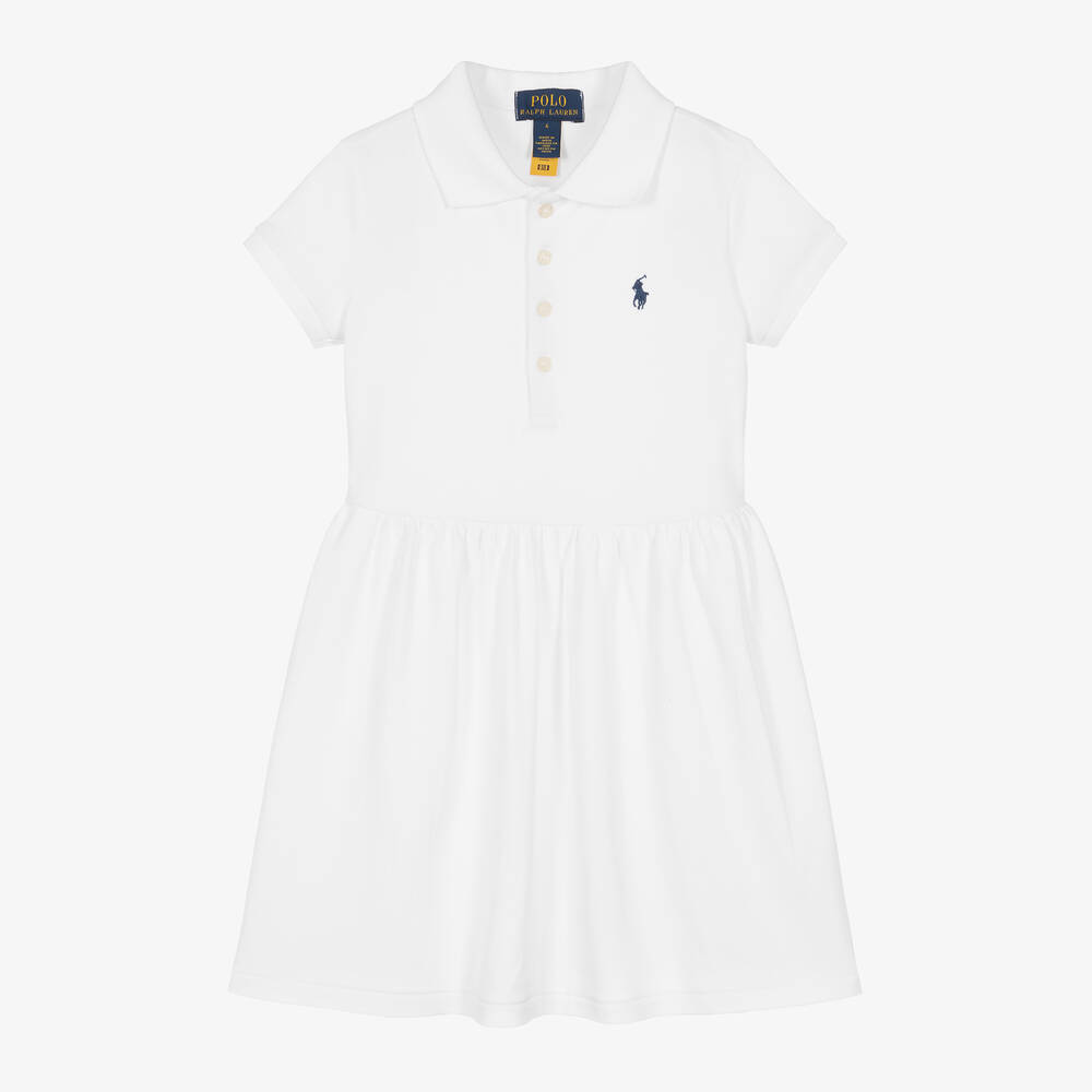 Ralph Lauren-فستان بولو قطن بيكيه لون أبيض | Childrensalon Outlet