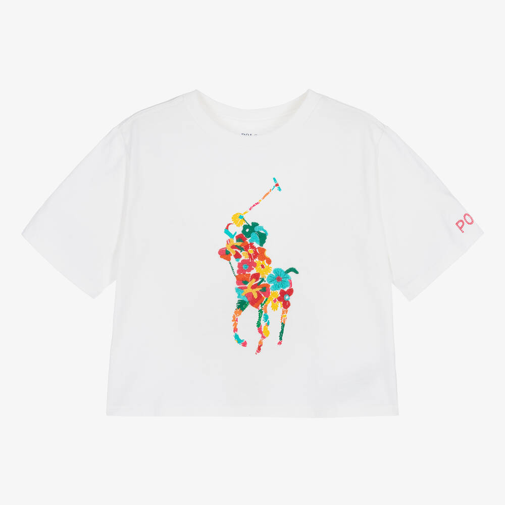 Ralph Lauren - Girls White Cotton T-Shirt | Childrensalon