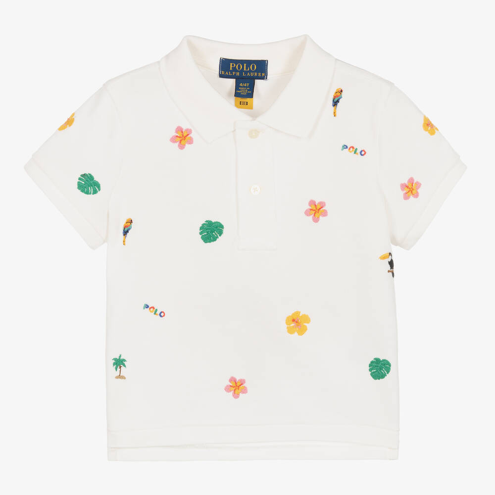 Ralph Lauren - Girls White Embroidered Cotton Polo Shirt | Childrensalon