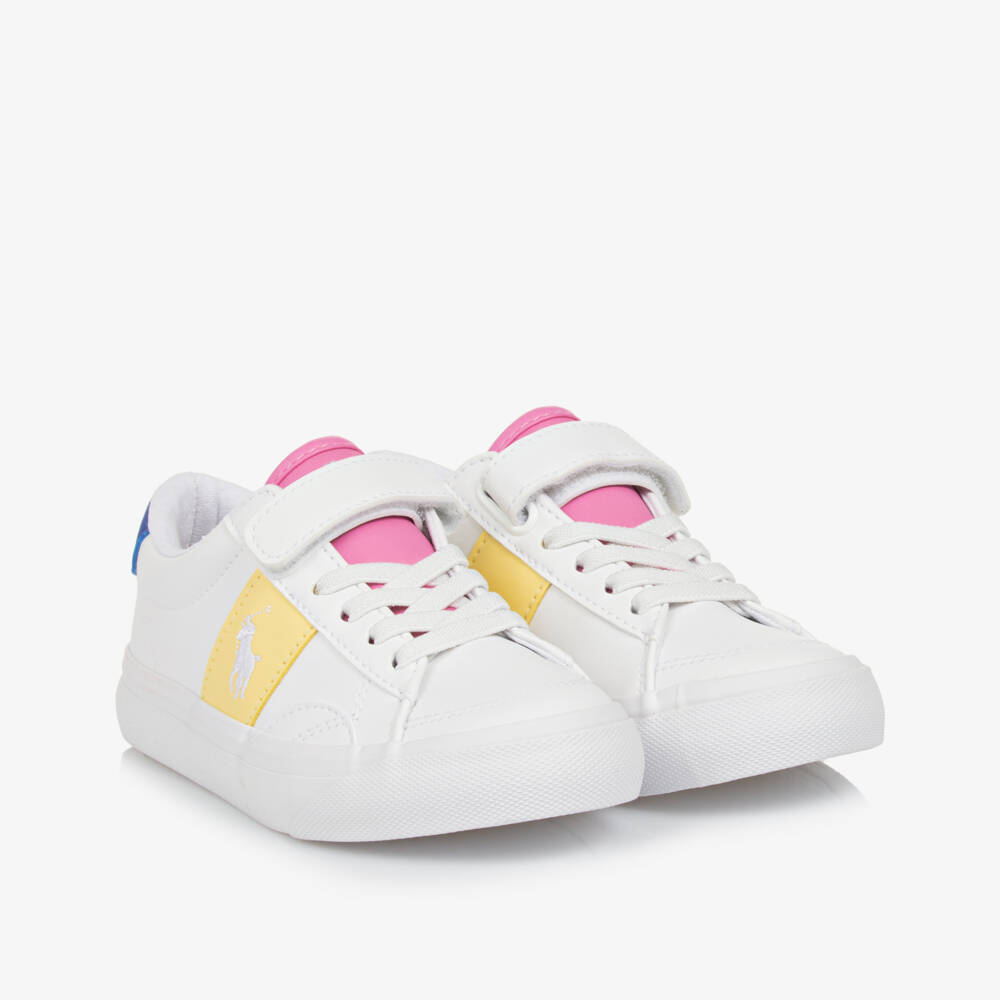 Ralph Lauren-Girls White Multicolor Leatherette Sneakers | Childrensalon Outlet