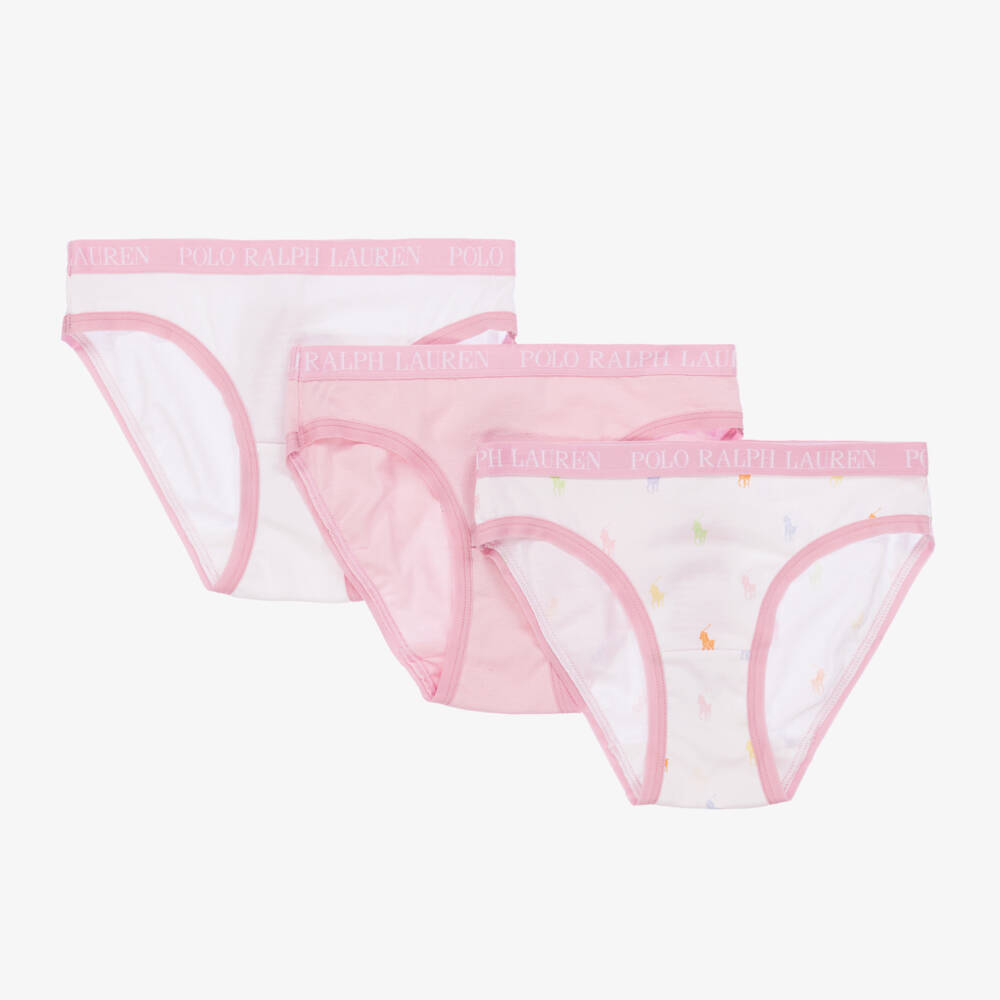 Ralph Lauren-Girls White & Pink Cotton Knickers (3 Pack) | Childrensalon Outlet