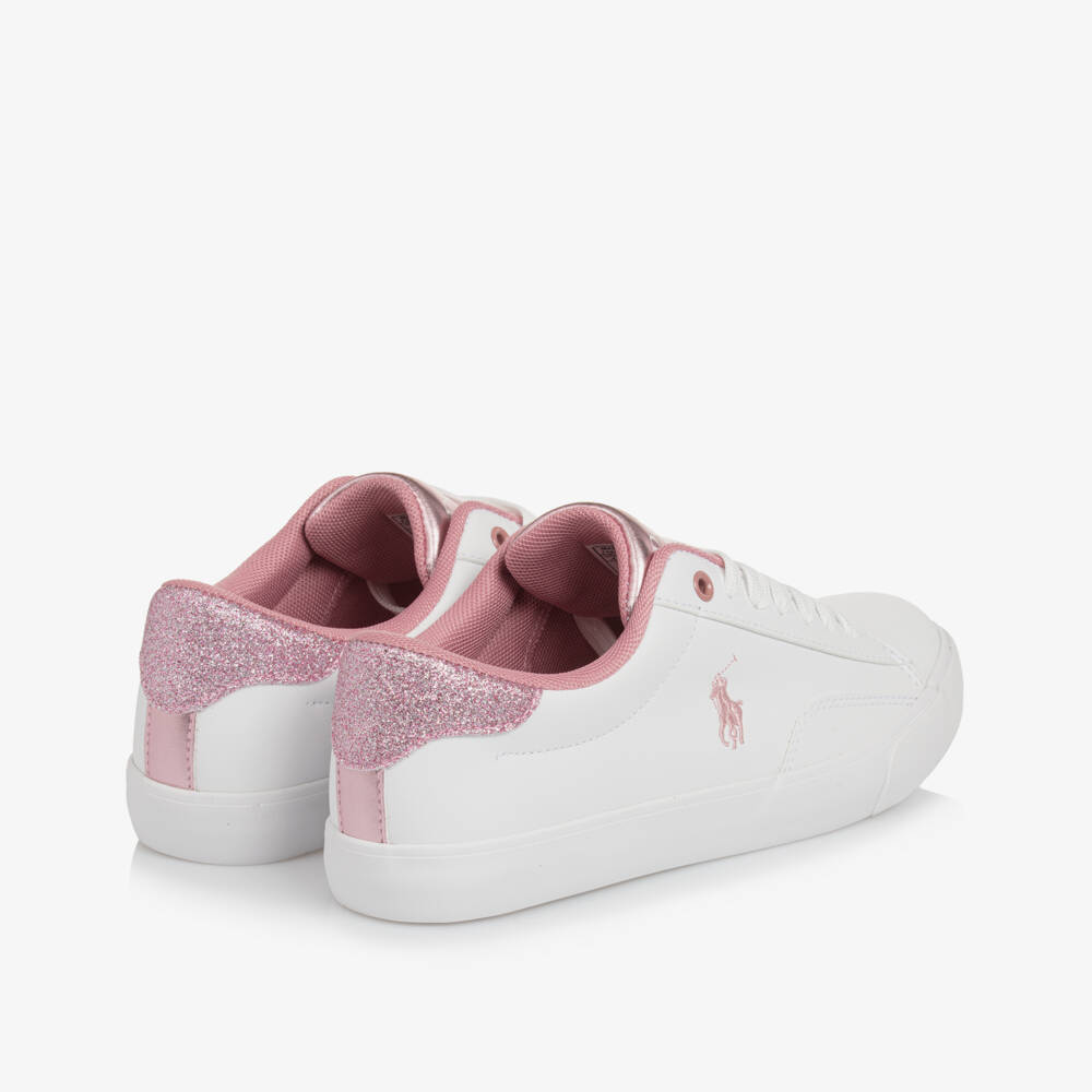 Ralph Lauren-Girls White & Pink Faux Leather Lace-Up Trainers | Childrensalon Outlet