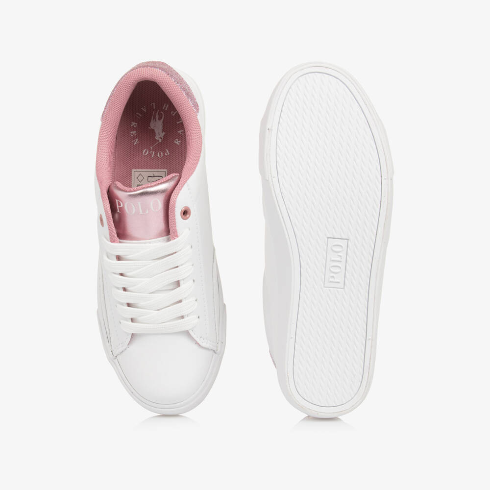 Ralph Lauren-Girls White & Pink Faux Leather Lace-Up Trainers | Childrensalon Outlet