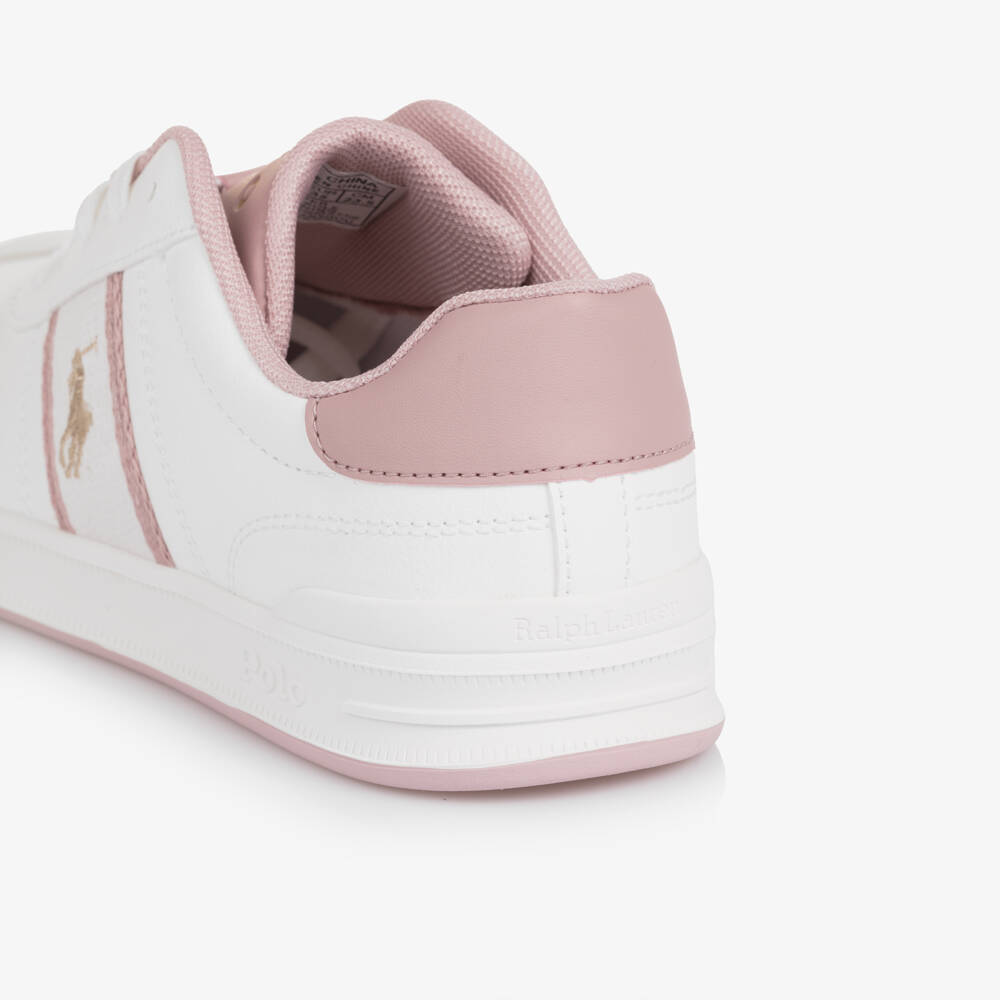 Ralph Lauren-Girls White & Pink Faux Leather & Suede Logo Trainers | Childrensalon Outlet