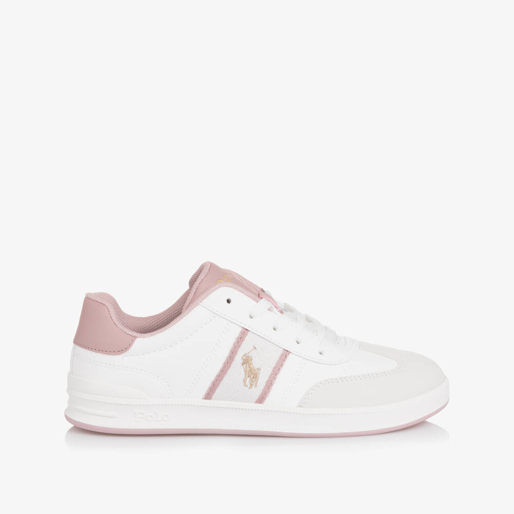 Ralph Lauren-Girls White & Pink Faux Leather & Suede Logo Trainers | Childrensalon Outlet