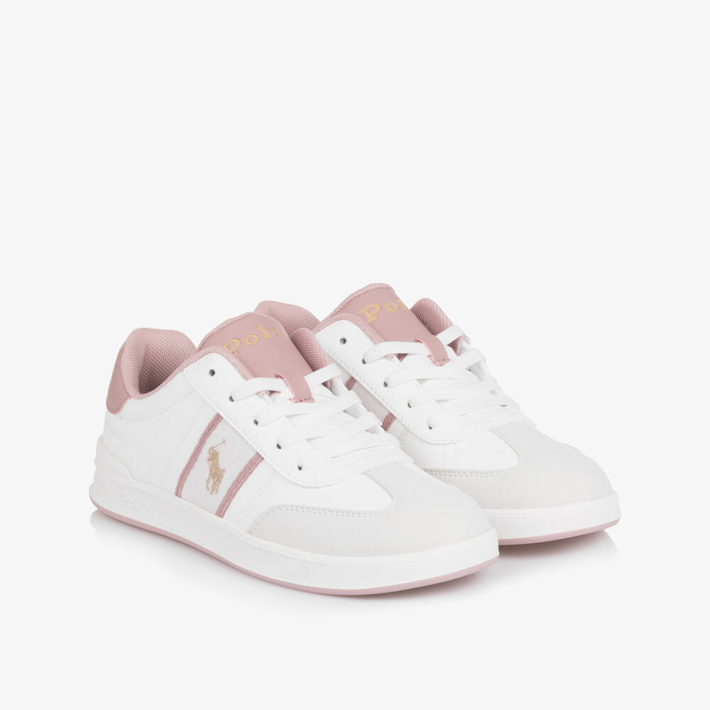 Ralph Lauren-Girls White & Pink Faux Leather & Suede Logo Trainers | Childrensalon Outlet