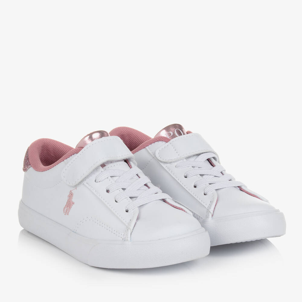 Polo Ralph Lauren - Girls White & Pink Faux Leather Trainers | Childrensalon