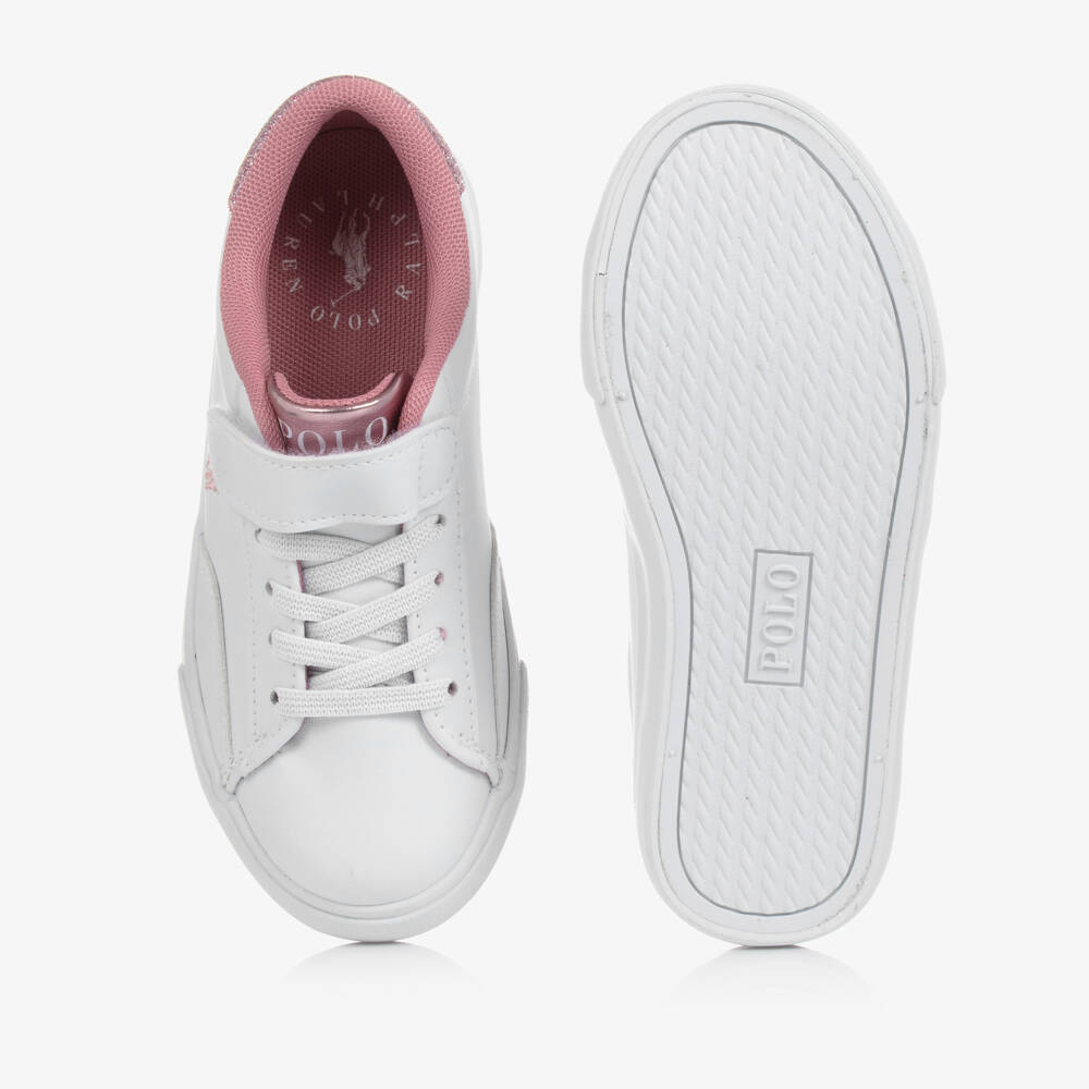Ralph Lauren-Girls White & Pink Faux Leather Velcro Trainers | Childrensalon Outlet