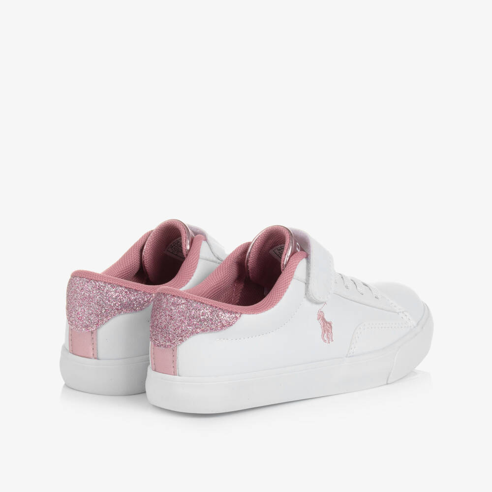 Ralph Lauren-Girls White & Pink Faux Leather Velcro Trainers | Childrensalon Outlet