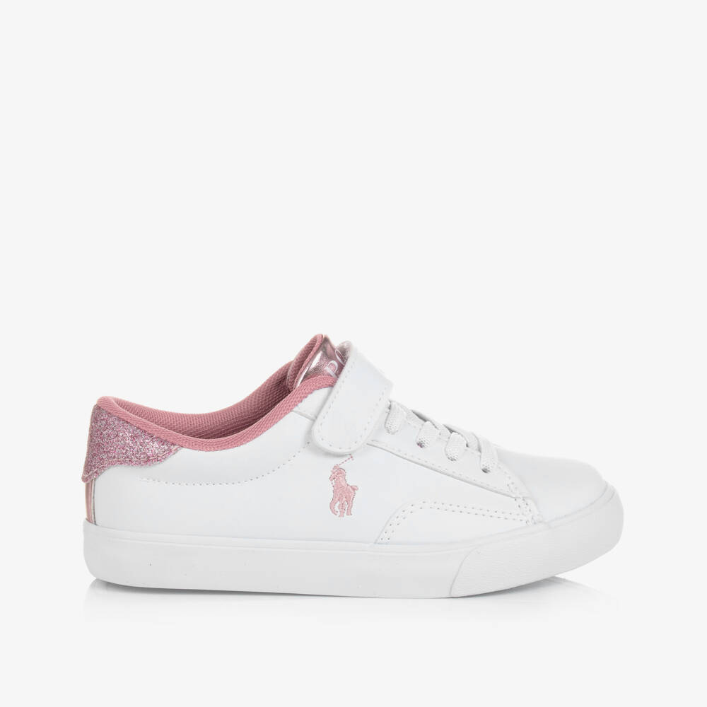 Ralph Lauren-Girls White & Pink Faux Leather Velcro Trainers | Childrensalon Outlet