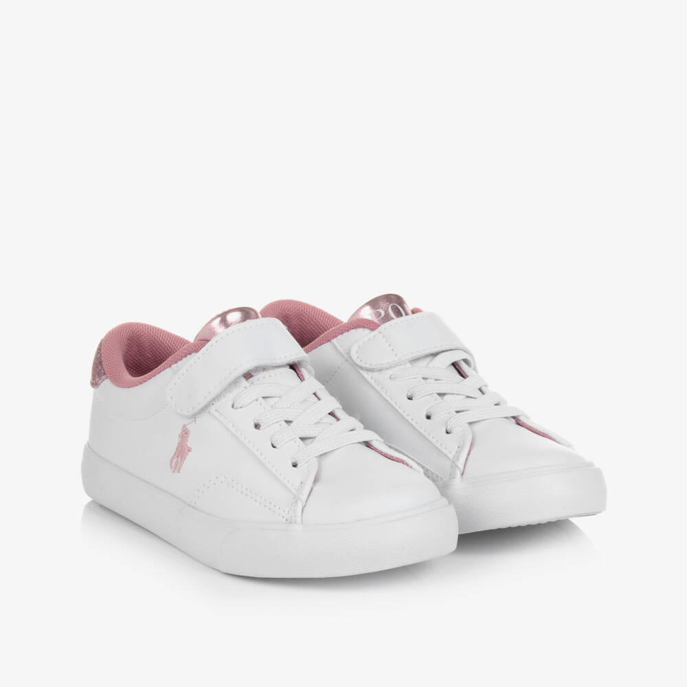 Ralph Lauren-Girls White & Pink Faux Leather Velcro Trainers | Childrensalon Outlet