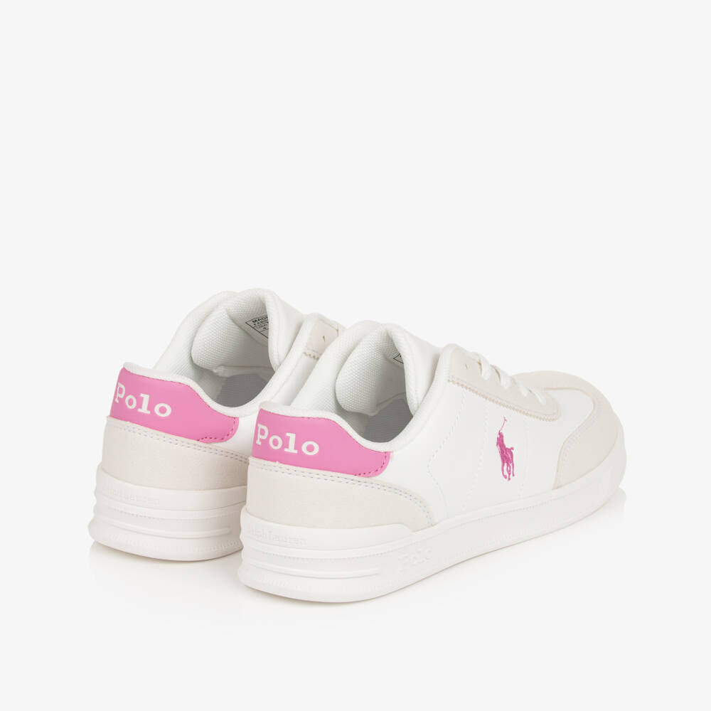 Ralph Lauren-Girls White & Pink Lace-Up Trainers with Pony Logos | Childrensalon Outlet
