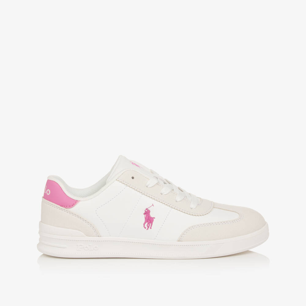 Ralph Lauren-Girls White & Pink Lace-Up Trainers with Pony Logos | Childrensalon Outlet