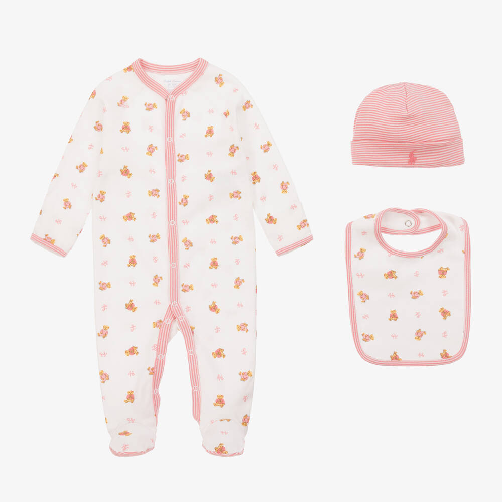 Ralph Lauren-Girls White & Pink Polo Bear Babysuit Set | Childrensalon Outlet