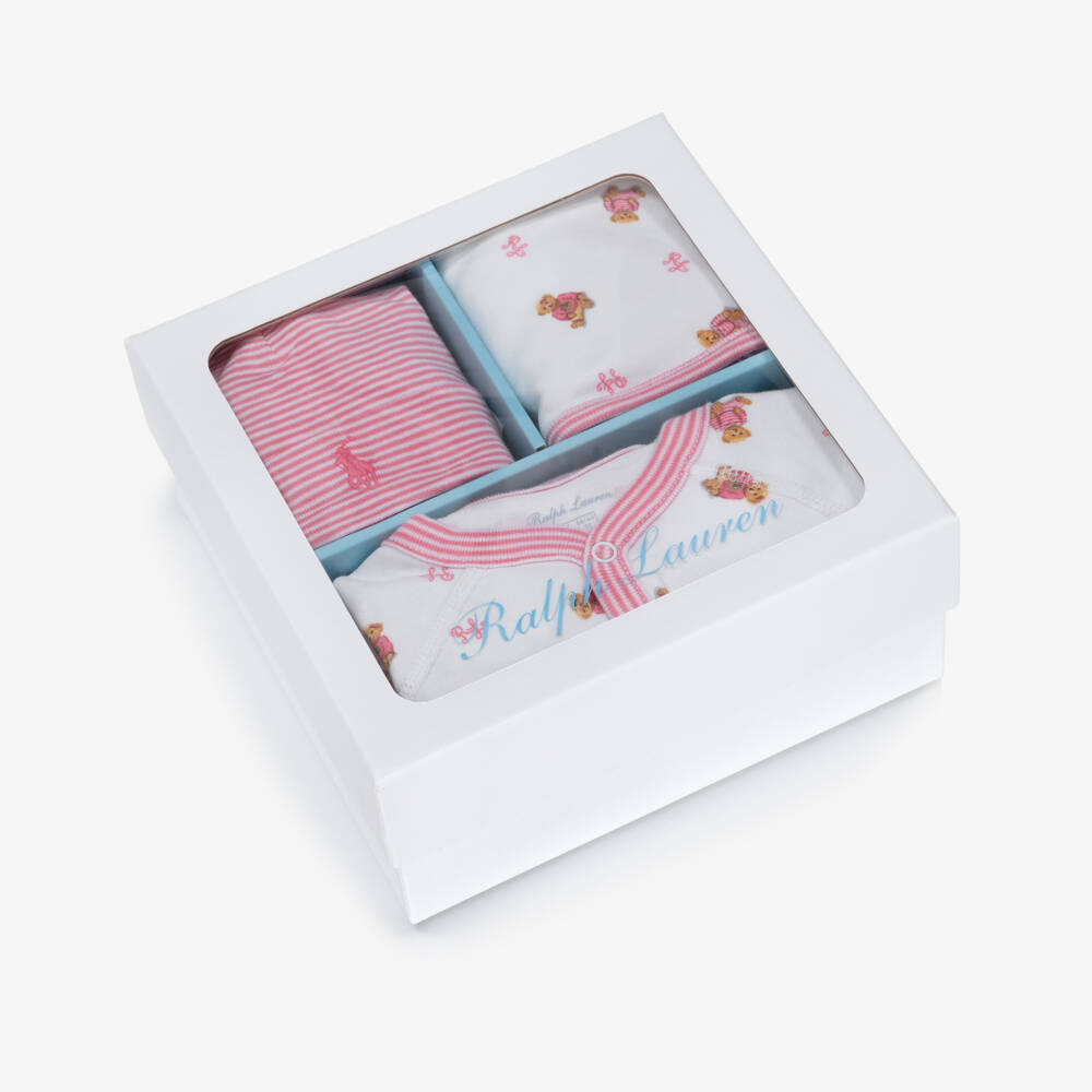 Ralph Lauren-Girls White & Pink Polo Bear Babysuit Set | Childrensalon Outlet