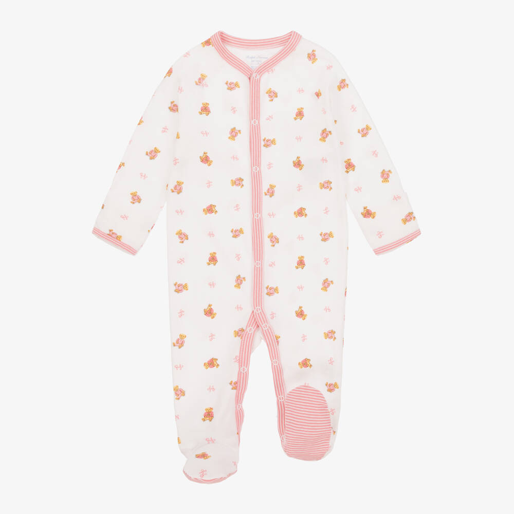 Ralph Lauren-Girls White & Pink Polo Bear Babysuit Set | Childrensalon Outlet
